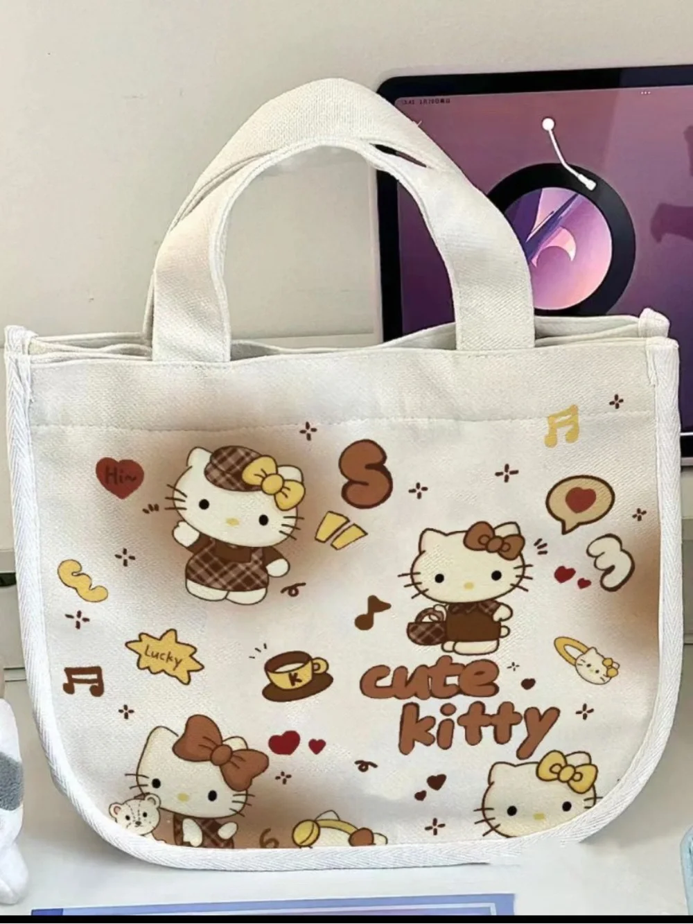 Cute Kitty Canvas Tote Bag - White with Brown Kitty Print